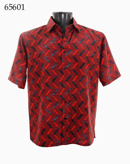 The Bassiri Short Sleeve Shirt 65601 by Bassiri features a red and black geometric zigzag pattern, regular fit, button-up design, and is displayed on a mannequin with item number 65601 in the top left corner.
