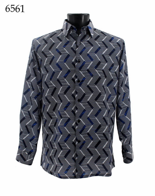 The Bassiri Long Sleeve Shirt 6561, by Bassiri, is showcased on a mannequin featuring a regular fit with a geometric blue and black zigzag pattern.