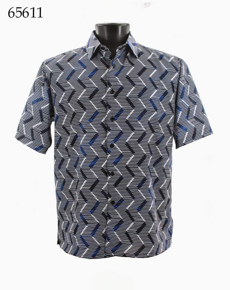 The Bassiri Short Sleeve Shirt 65611 by Bassiri features a regular fit and a geometric zigzag pattern in black, white, and blue. Shown on a mannequin with the number 65611 in the top left corner.