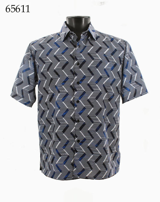 The Bassiri Short Sleeve Shirt 65611 by Bassiri features a regular fit and a geometric zigzag pattern in black, white, and blue. Shown on a mannequin with the number 65611 in the top left corner.