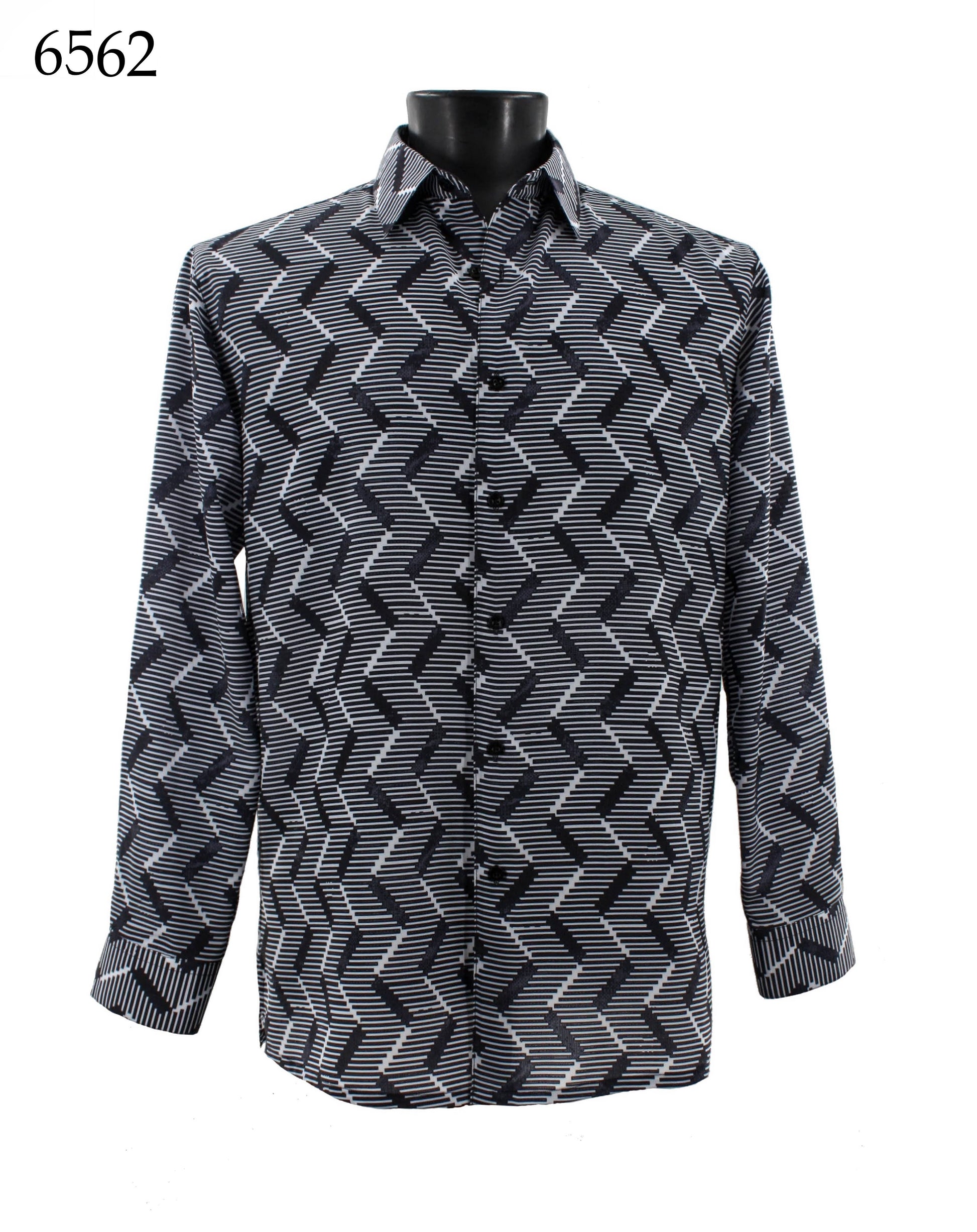 A black mannequin elegantly wears the Bassiri Long Sleeve Shirt 6562, showcasing a striking black and white zigzag pattern in a regular fit design.