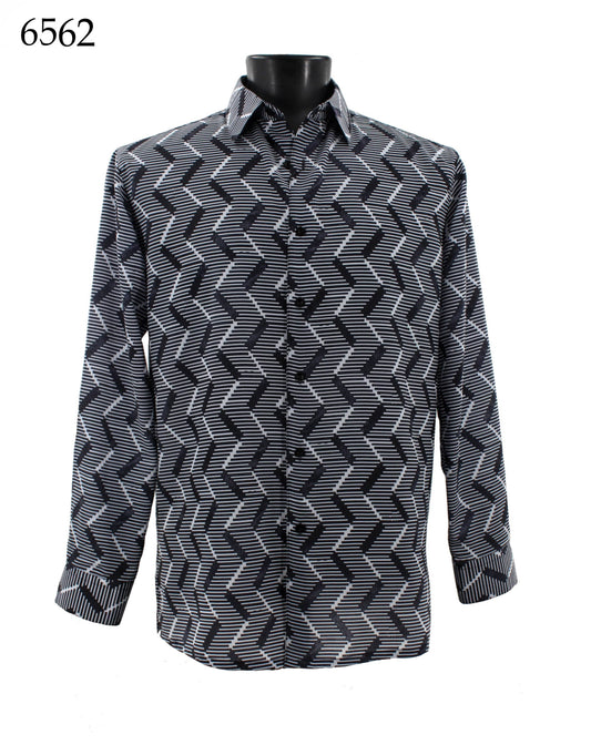 A black mannequin elegantly wears the Bassiri Long Sleeve Shirt 6562, showcasing a striking black and white zigzag pattern in a regular fit design.