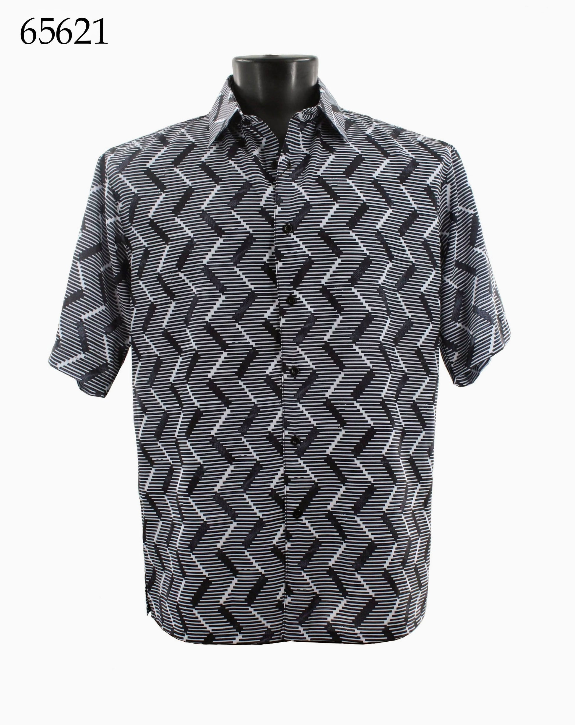 The Bassiri Short Sleeve Shirt 65621 by Bassiri features a regular fit and black, white, and gray geometric zigzag pattern, shown on a mannequin with product code 65621 in the top left corner.