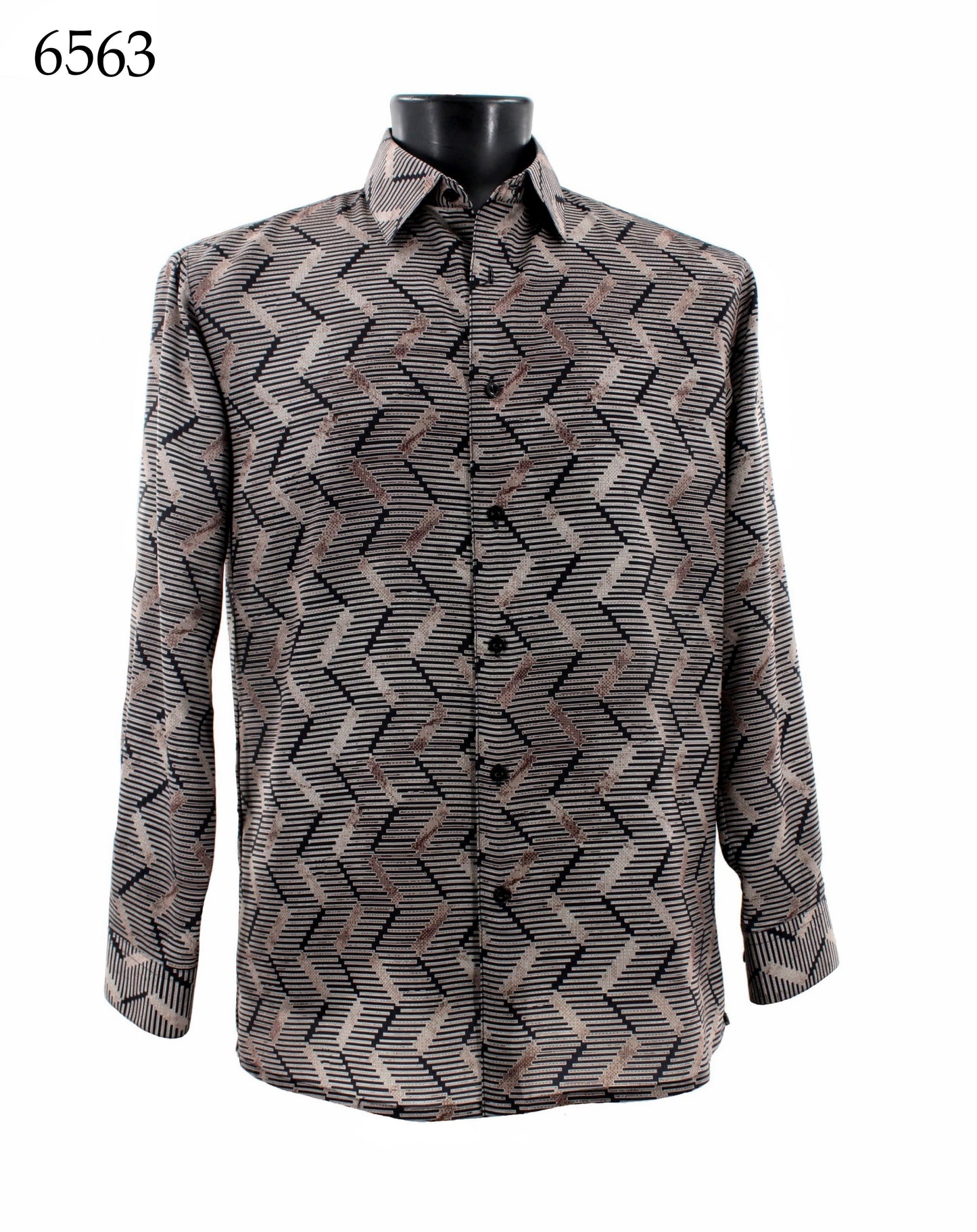 A black mannequin displays the Bassiri Long Sleeve Shirt 6563, featuring a Regular Fit and stylish brown and black zigzag pattern. The number 6563 is elegantly placed on the top left.