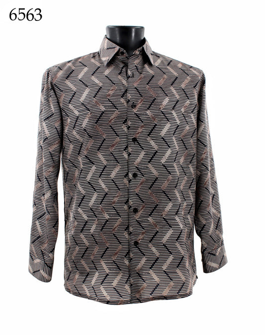 A black mannequin displays the Bassiri Long Sleeve Shirt 6563, featuring a Regular Fit and stylish brown and black zigzag pattern. The number 6563 is elegantly placed on the top left.