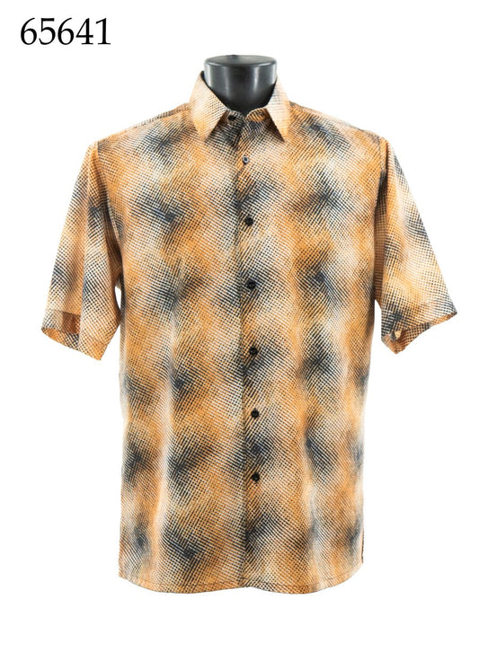 The Bassiri Short Sleeve Shirt 65641 by Bassiri features a regular fit, button-up style, and an orange, black, and white abstract pattern displayed on a mannequin torso. The number 65641 appears in the top left corner.