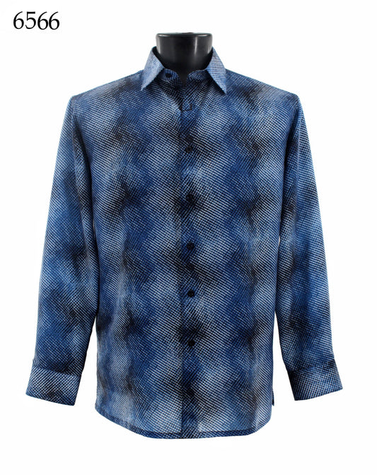 Bassiri Long Sleeve Shirt 6566, a blue patterned Regular Fit shirt, displayed on a black mannequin with the number 6566 in the top left corner.