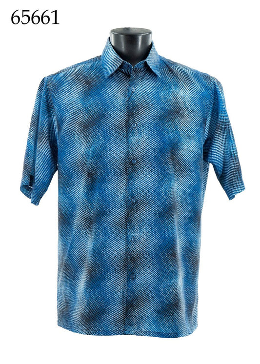 The Bassiri Short Sleeve Shirt 65661 by Bassiri features a regular fit and blue and black abstract pattern, shown on a black mannequin torso with “65661” in the top left corner.
