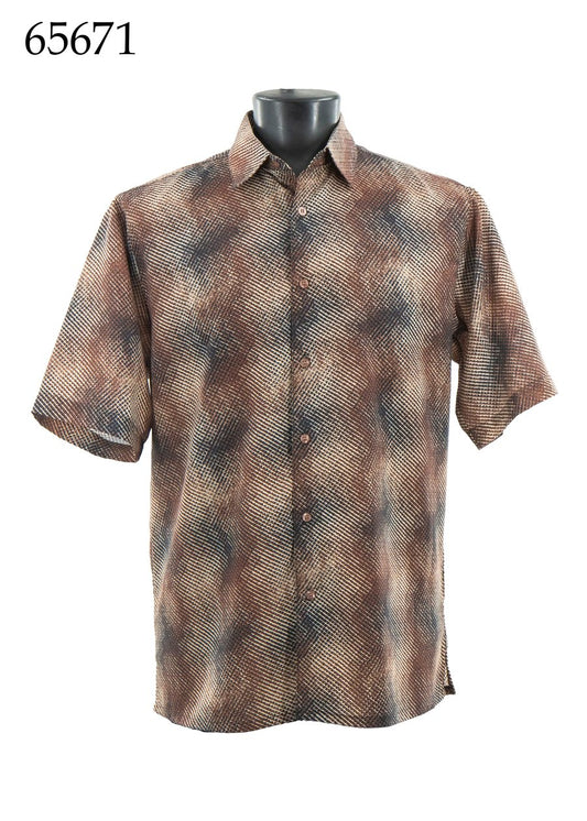 The Bassiri Short Sleeve Shirt 65671 by Bassiri features a brown, black, and beige abstract pattern, regular fit, short sleeves, button-up front, and is shown on a black mannequin with number 65671 in the top left corner.