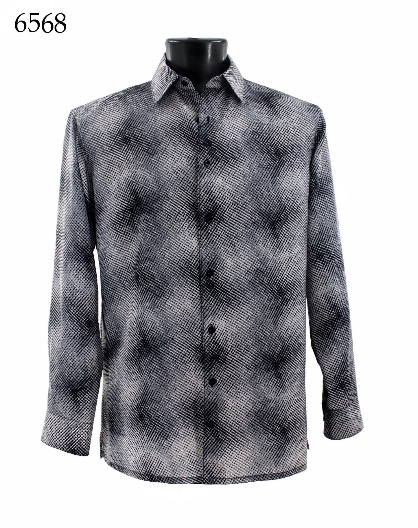 A black mannequin showcases the Bassiri Long Sleeve Shirt 6568, featuring a black and white textured pattern. This regular-fit design by Bassiri offers both comfort and a sleek silhouette.