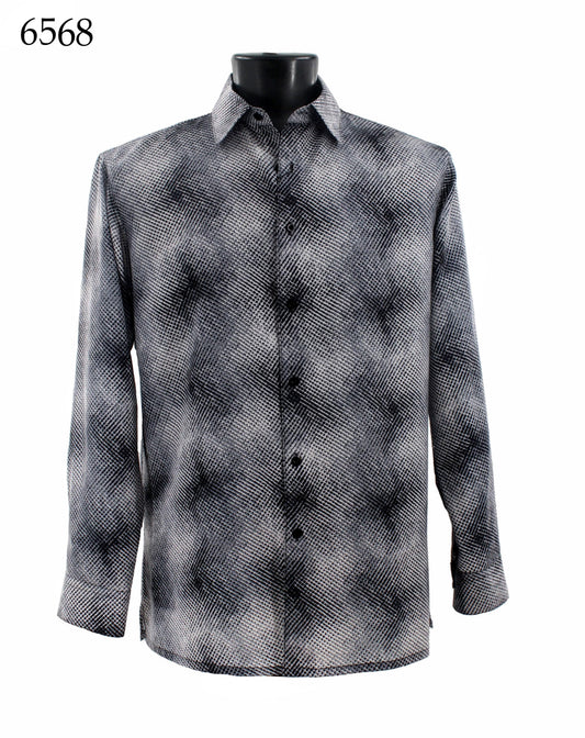 A black mannequin showcases the Bassiri Long Sleeve Shirt 6568, featuring a black and white textured pattern. This regular-fit design by Bassiri offers both comfort and a sleek silhouette.