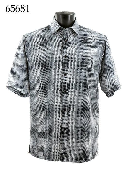 The Bassiri Short Sleeve Shirt 65681 by Bassiri, shown on a mannequin, features a regular fit and a black and white textured pattern. The number 65681 appears in the top left corner.