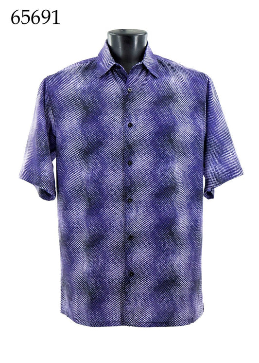 The Bassiri Short Sleeve Shirt 65691 by Bassiri is a regular fit button-up with a purple and black textured pattern, displayed on a mannequin. The product number 65691 appears in the top left corner.