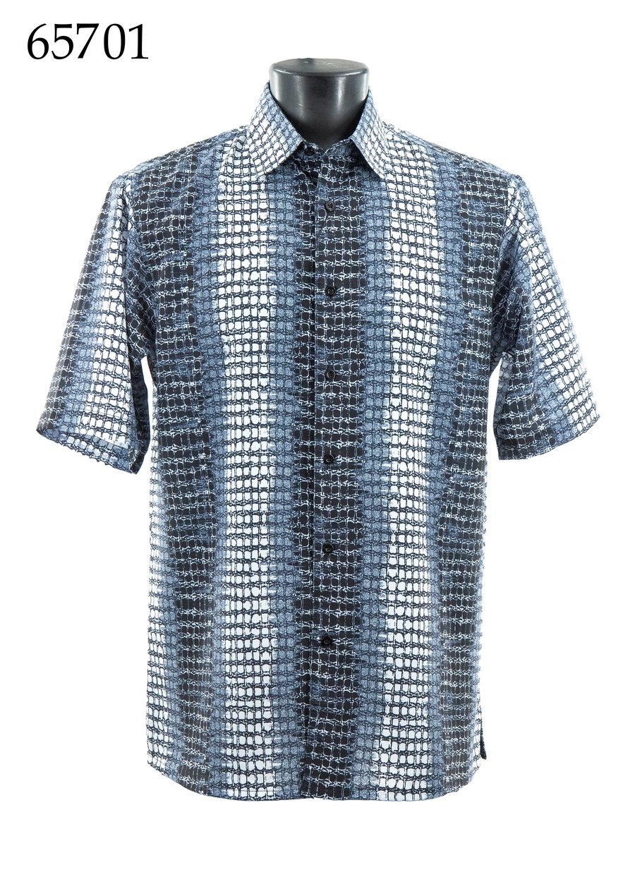 The Bassiri Short Sleeve Shirt 65701 by Bassiri features a regular fit and black, white, and blue checkered pattern. Shown on a mannequin torso with "65701" in the top left corner.