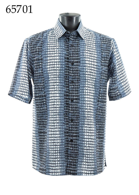The Bassiri Short Sleeve Shirt 65701 by Bassiri features a regular fit and black, white, and blue checkered pattern. Shown on a mannequin torso with "65701" in the top left corner.