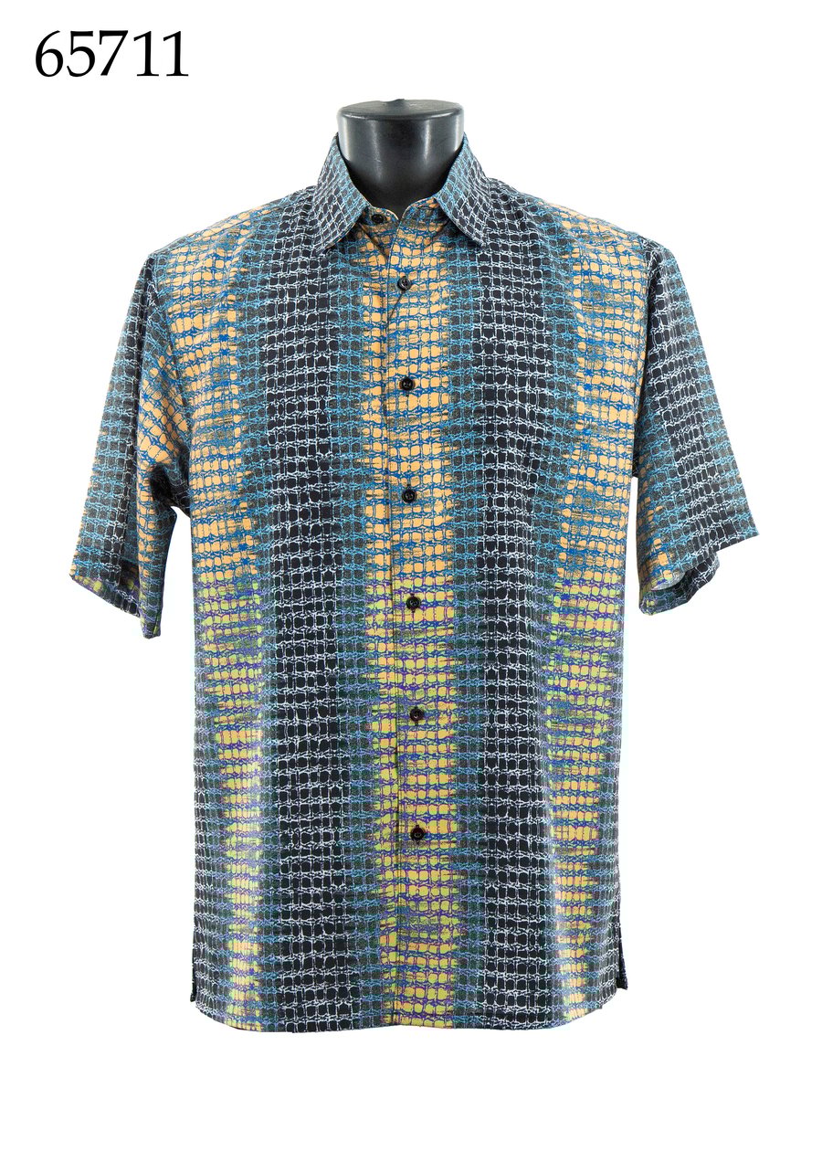 The Bassiri Short Sleeve Shirt 65711 by Bassiri features a blue, gray, and yellow checkered pattern and a regular fit. Displayed on a mannequin with the number 65711 in the top left corner.