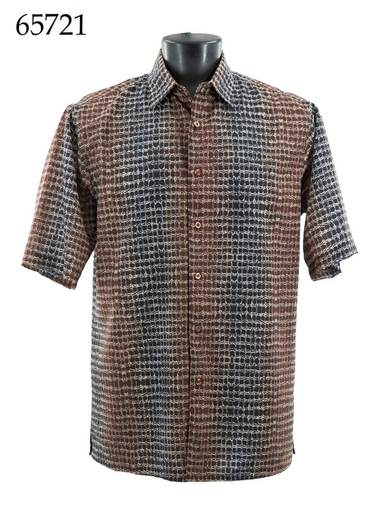 The Bassiri Short Sleeve Shirt 65721 by Bassiri is a regular-fit button-up with a brown, black, and white checkered pattern, shown on a mannequin torso. The number 65721 appears in the top left corner.