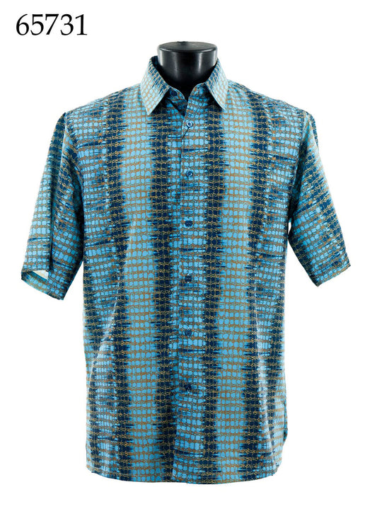 Bassiri Short Sleeve Shirt 65731 by Bassiri, shown in blue and green checks on a black mannequin. This regular fit button-up combines comfort with style. Product number 65731 appears in the top left corner.