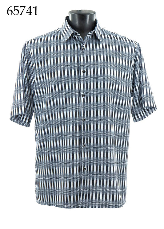 The Bassiri Short Sleeve Shirt 65741 by Bassiri features a black, white, and blue geometric pattern and is displayed on a mannequin.