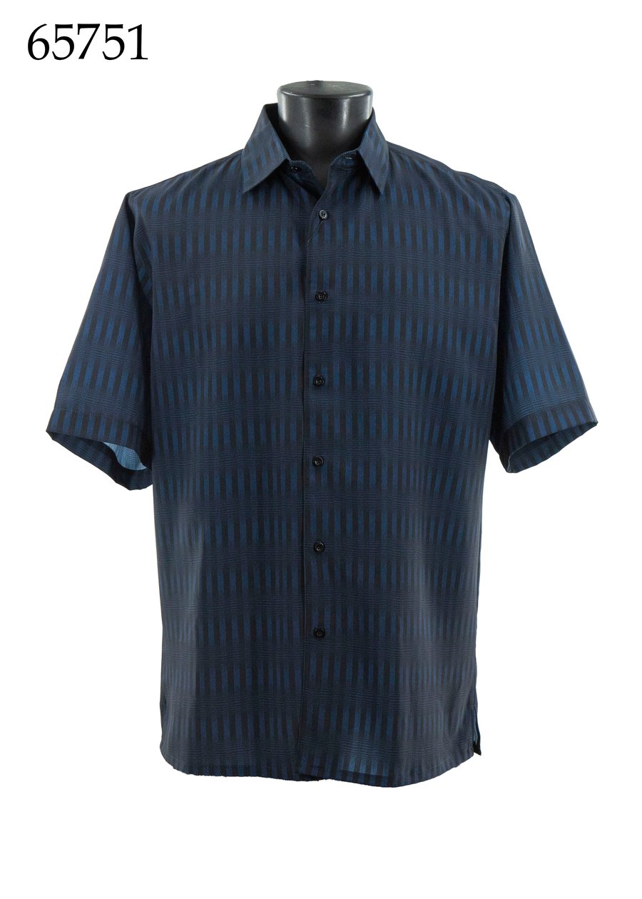 The Bassiri Short Sleeve Shirt 65751 by Bassiri, a regular fit dark blue button-up with subtle vertical stripes, is shown on a mannequin. The number 65751 appears in the top left corner.