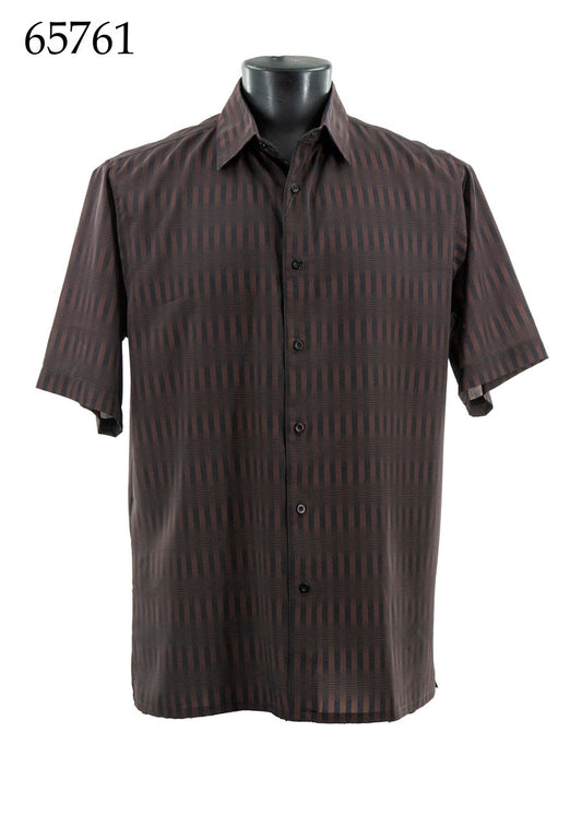 The Bassiri Short Sleeve Shirt 65761 by Bassiri, shown on a mannequin, features a regular fit with subtle brown and black vertical stripes. The number 65761 appears in the top left corner.