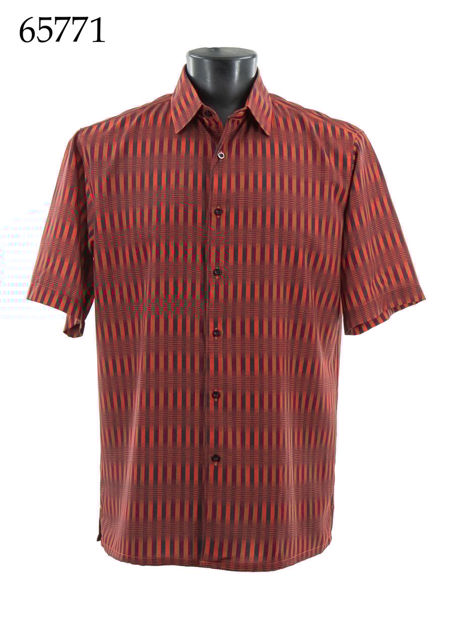 The Bassiri Short Sleeve Shirt 65771 by Bassiri features a red and brown geometric pattern in a regular fit, displayed on a black mannequin torso. The item number 65771 appears in the top left corner.
