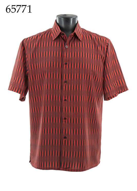 The Bassiri Short Sleeve Shirt 65771 by Bassiri features a red and brown geometric pattern in a regular fit, displayed on a black mannequin torso. The item number 65771 appears in the top left corner.