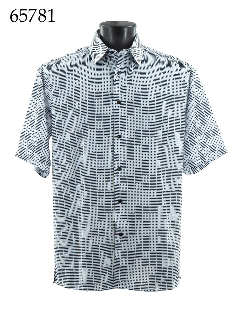 The Bassiri Short Sleeve Shirt 65781 by Bassiri, shown on a mannequin, features a regular fit with a black and white geometric square pattern. The number 65781 appears in the top left corner.