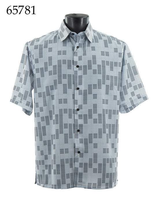 The Bassiri Short Sleeve Shirt 65781 by Bassiri, shown on a mannequin, features a regular fit with a black and white geometric square pattern. The number 65781 appears in the top left corner.
