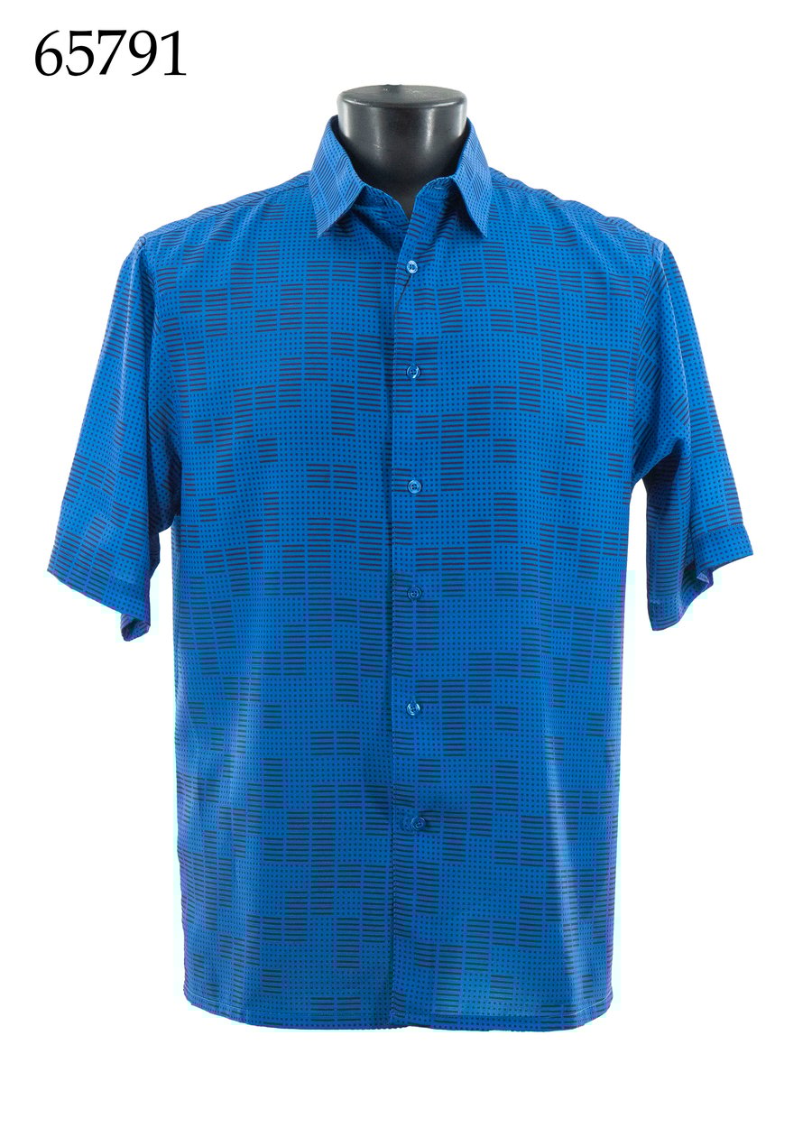 The Bassiri Short Sleeve Shirt 65791 by Bassiri, featuring a regular fit and black geometric pattern on blue fabric, is displayed on a mannequin torso. "65791" appears in the top left corner.