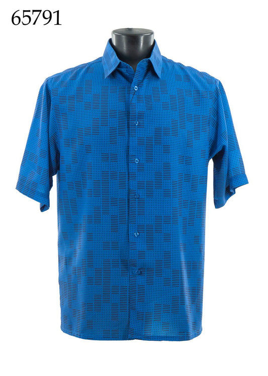 The Bassiri Short Sleeve Shirt 65791 by Bassiri, featuring a regular fit and black geometric pattern on blue fabric, is displayed on a mannequin torso. "65791" appears in the top left corner.