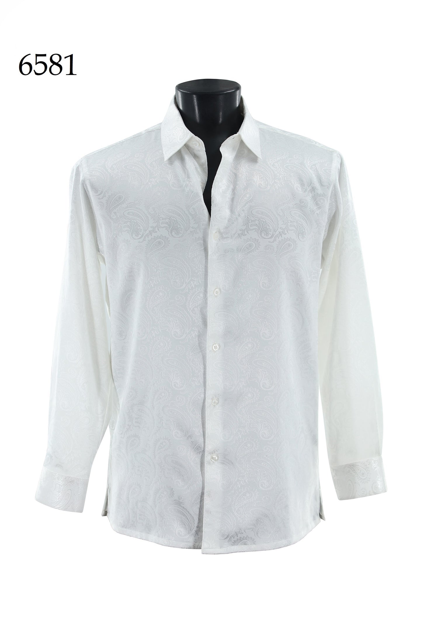 Bassiri Long Sleeve Shirt 6581: White regular fit, paisley-patterned button-up by Bassiri, shown on a black mannequin torso with the number 6581 in the top left corner.