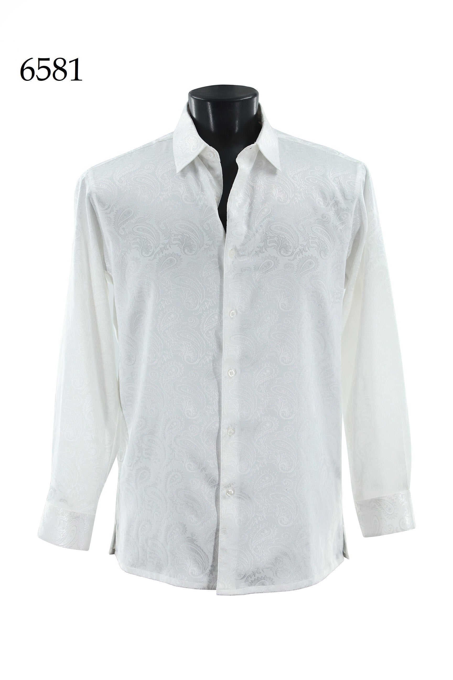 Bassiri Long Sleeve Shirt 6581: White regular fit, paisley-patterned button-up by Bassiri, shown on a black mannequin torso with the number 6581 in the top left corner.