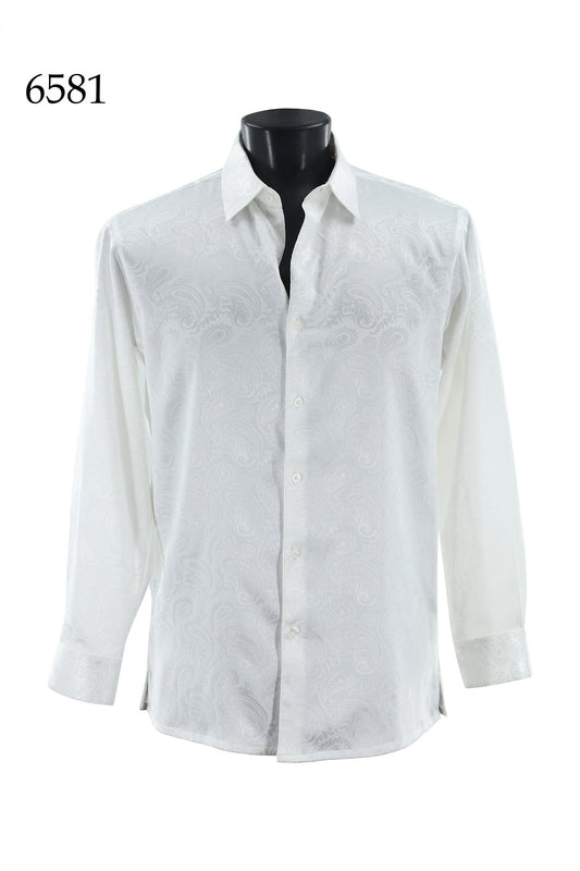 Bassiri Long Sleeve Shirt 6581: White regular fit, paisley-patterned button-up by Bassiri, shown on a black mannequin torso with the number 6581 in the top left corner.