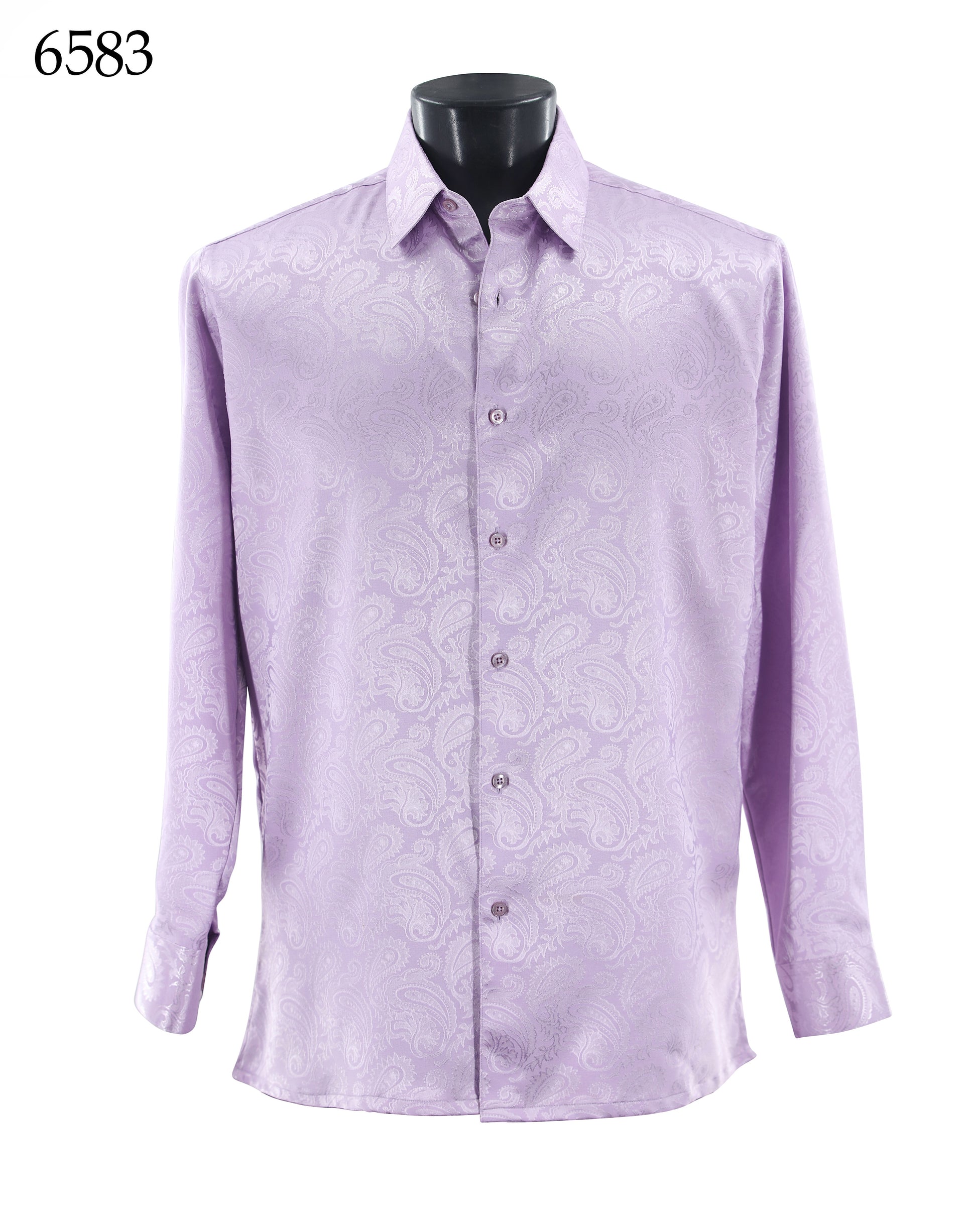 The Bassiri Long Sleeve Shirt 6583 by Bassiri is a lilac regular-fit button-up with a subtle tone-on-tone paisley pattern, displayed on a black mannequin torso. The number 6583 appears in the top left corner.