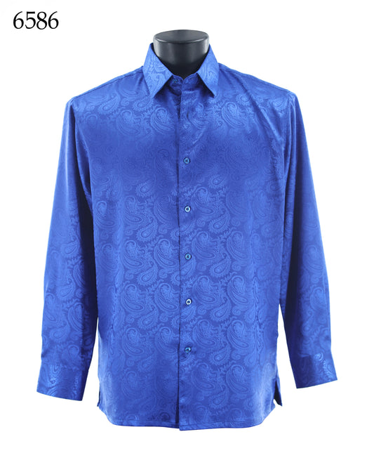 The Bassiri Long Sleeve Shirt 6586 by Bassiri features a shiny blue, tone-on-tone paisley fabric and regular fit, shown on a black mannequin torso with "6586" displayed in the top left corner.