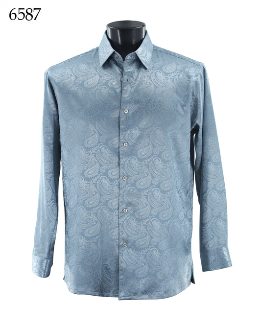 The Bassiri Long Sleeve Shirt 6587 by Bassiri, shown on a black mannequin, features a light blue tone-on-tone paisley pattern and regular fit. The number 6587 appears in the top left corner.