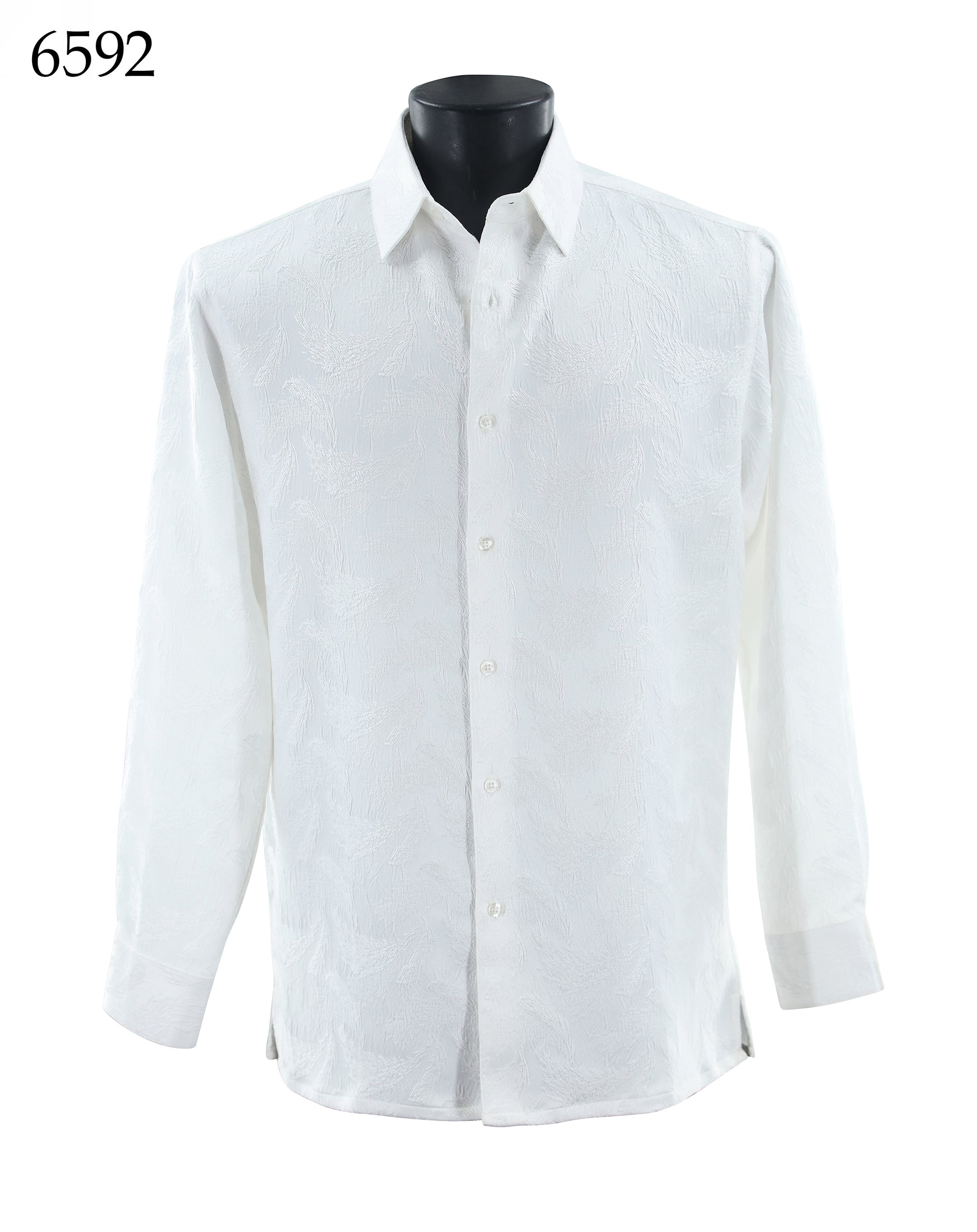Bassiri Long Sleeve Shirt 6592 by Bassiri, featuring a white tone-on-tone textured pattern, is displayed on a mannequin torso against a plain background with the number 6592 in the top left corner.