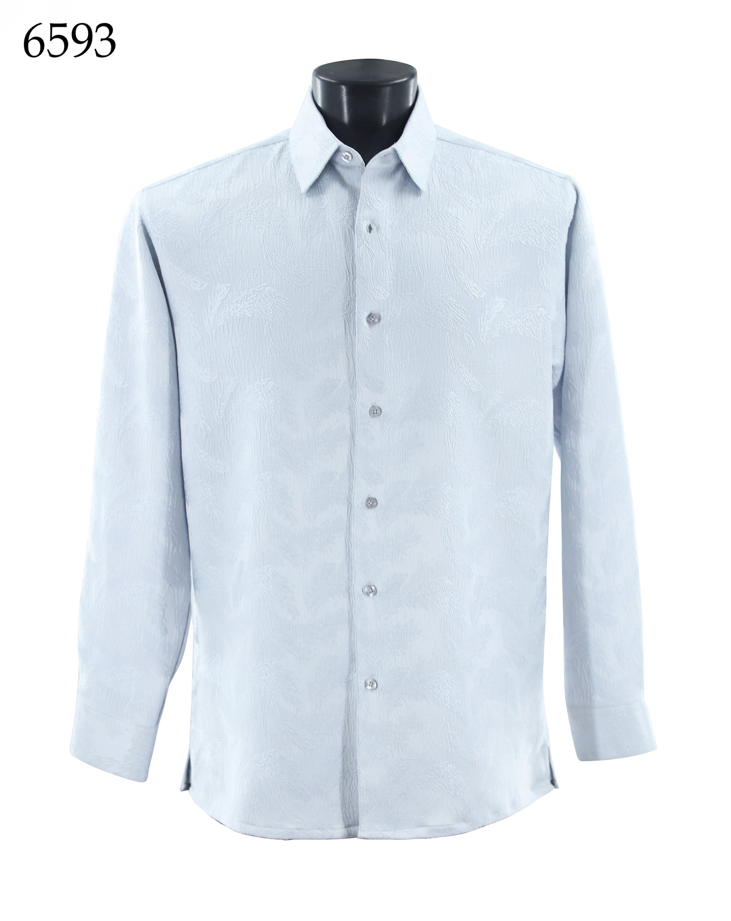 The Bassiri Long Sleeve Shirt 6593 by Bassiri features a light blue tone-on-tone textured pattern and is shown on a mannequin torso, with "6593" marked in the top left corner.