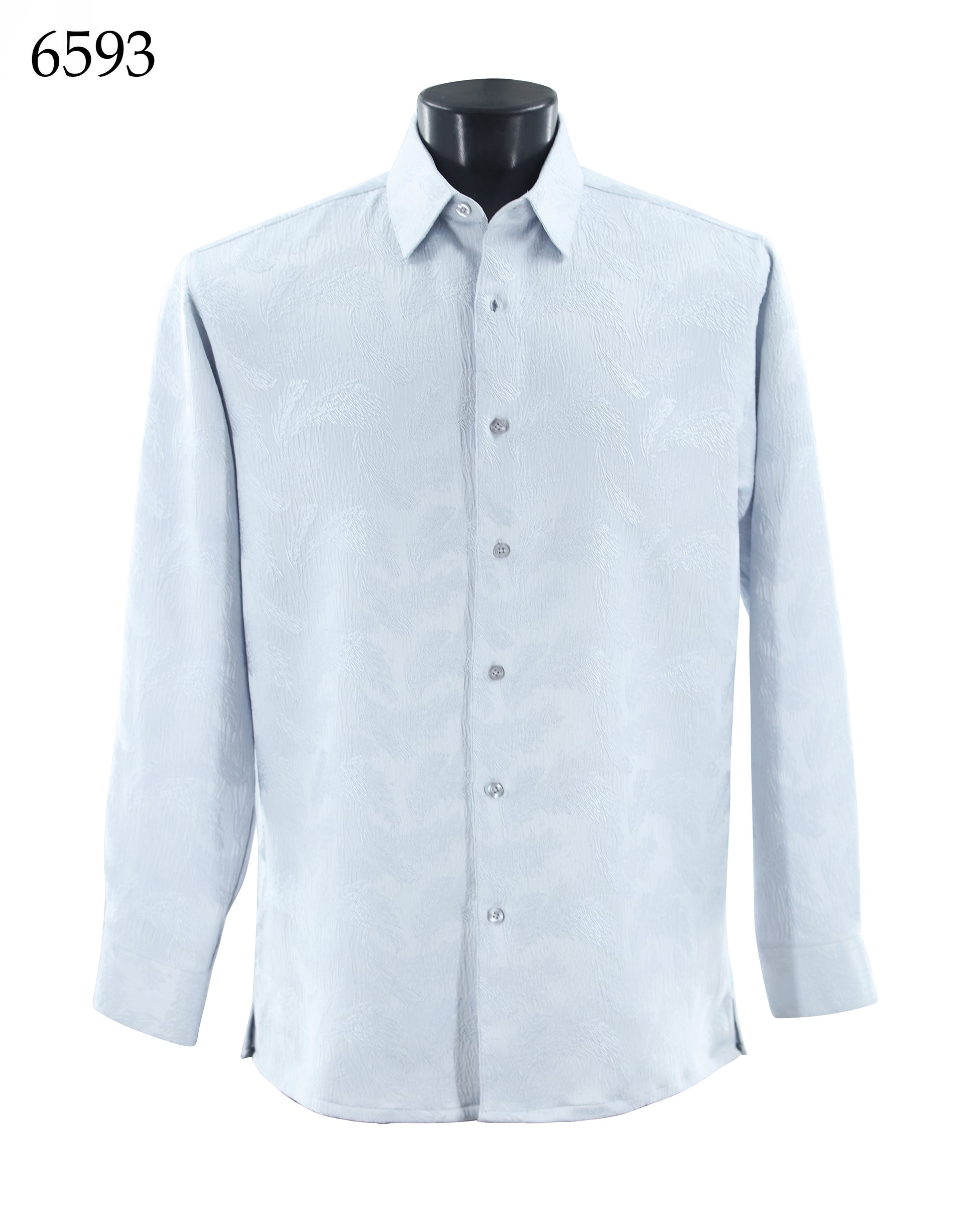 The Bassiri Long Sleeve Shirt 6593 by Bassiri features a light blue tone-on-tone textured pattern and is shown on a mannequin torso, with "6593" marked in the top left corner.