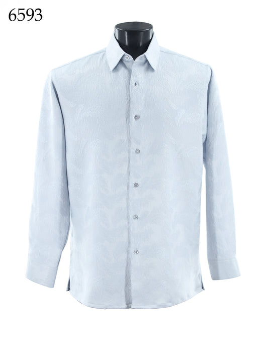 The Bassiri Long Sleeve Shirt 6593 by Bassiri features a light blue tone-on-tone textured pattern and is shown on a mannequin torso, with "6593" marked in the top left corner.