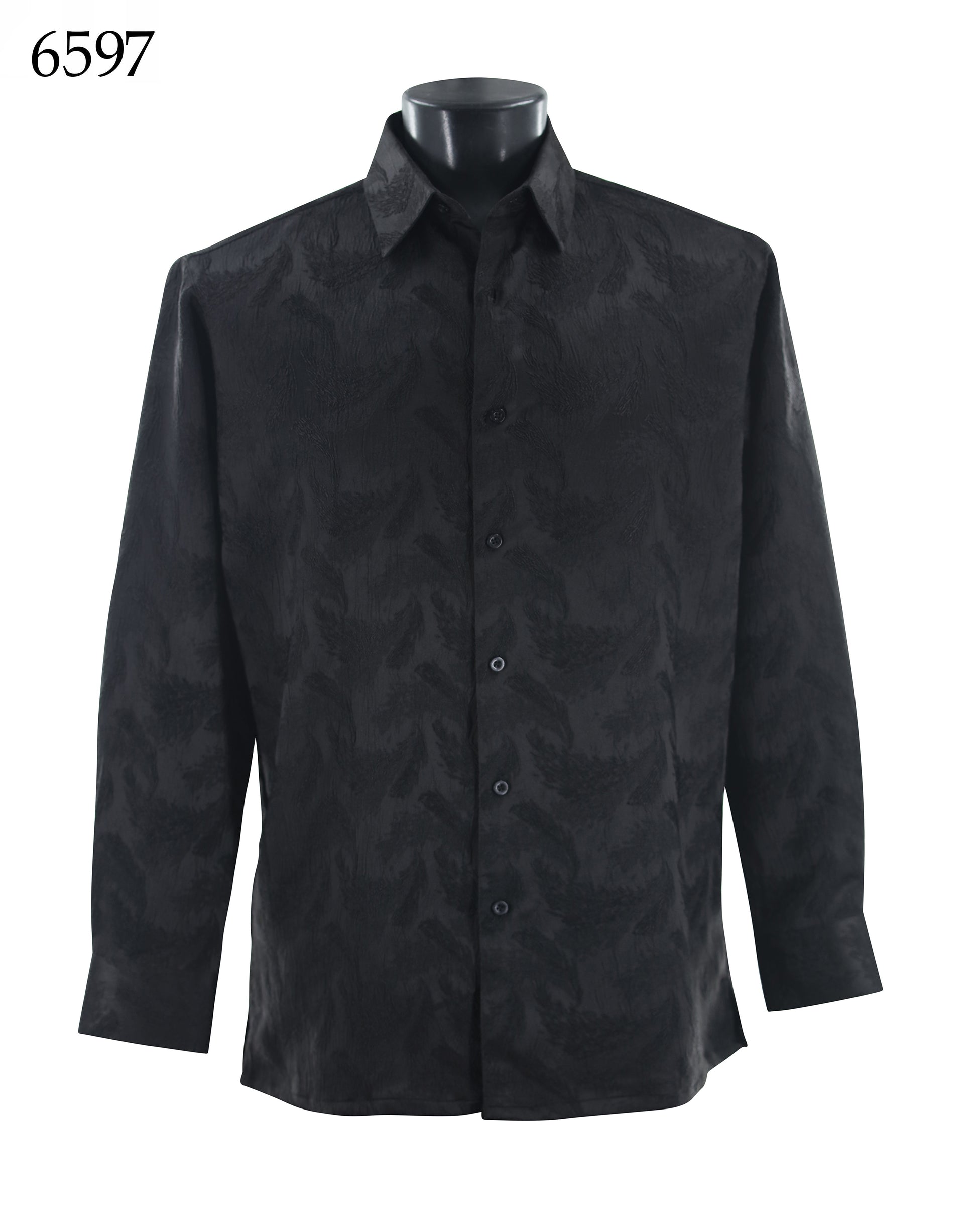 The Bassiri Long Sleeve Shirt 6597 by Bassiri features a black tone-on-tone textured pattern and regular fit. Displayed on a mannequin, the style number is shown in the top left corner.