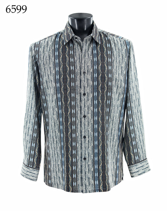 The Bassiri Long Sleeve Shirt 6599, by Bassiri, features a vertical geometric pattern in grey, black, and brown. Displayed on a mannequin, the number 6599 appears in the top left corner.