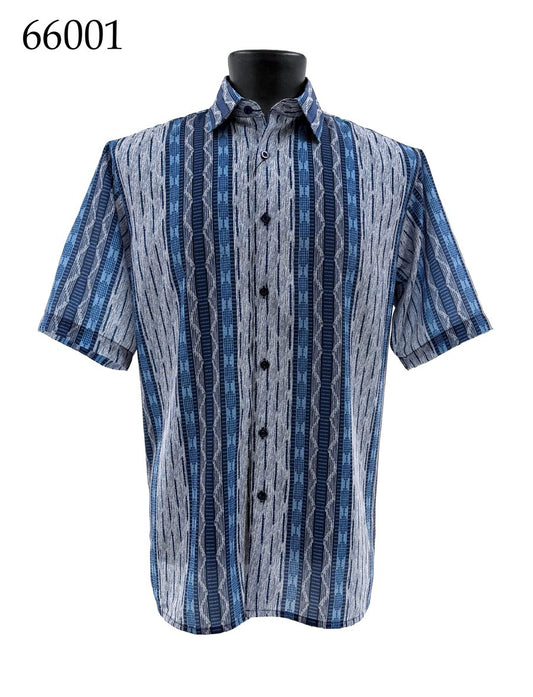 Bassiri Short Sleeve Shirt 66001 by Bassiri features a regular fit, short sleeves, and blue and gray vertical stripes. Displayed on a black mannequin with the number 66001 at the top left.