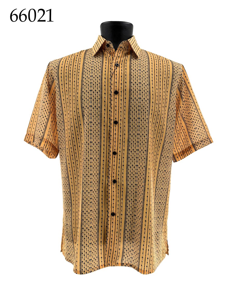 The Bassiri Short Sleeve Shirt 66021 by Bassiri is a regular fit, button-up shirt with yellow and black vertical stripes, shown on a mannequin. The number 66021 appears in the top left corner.