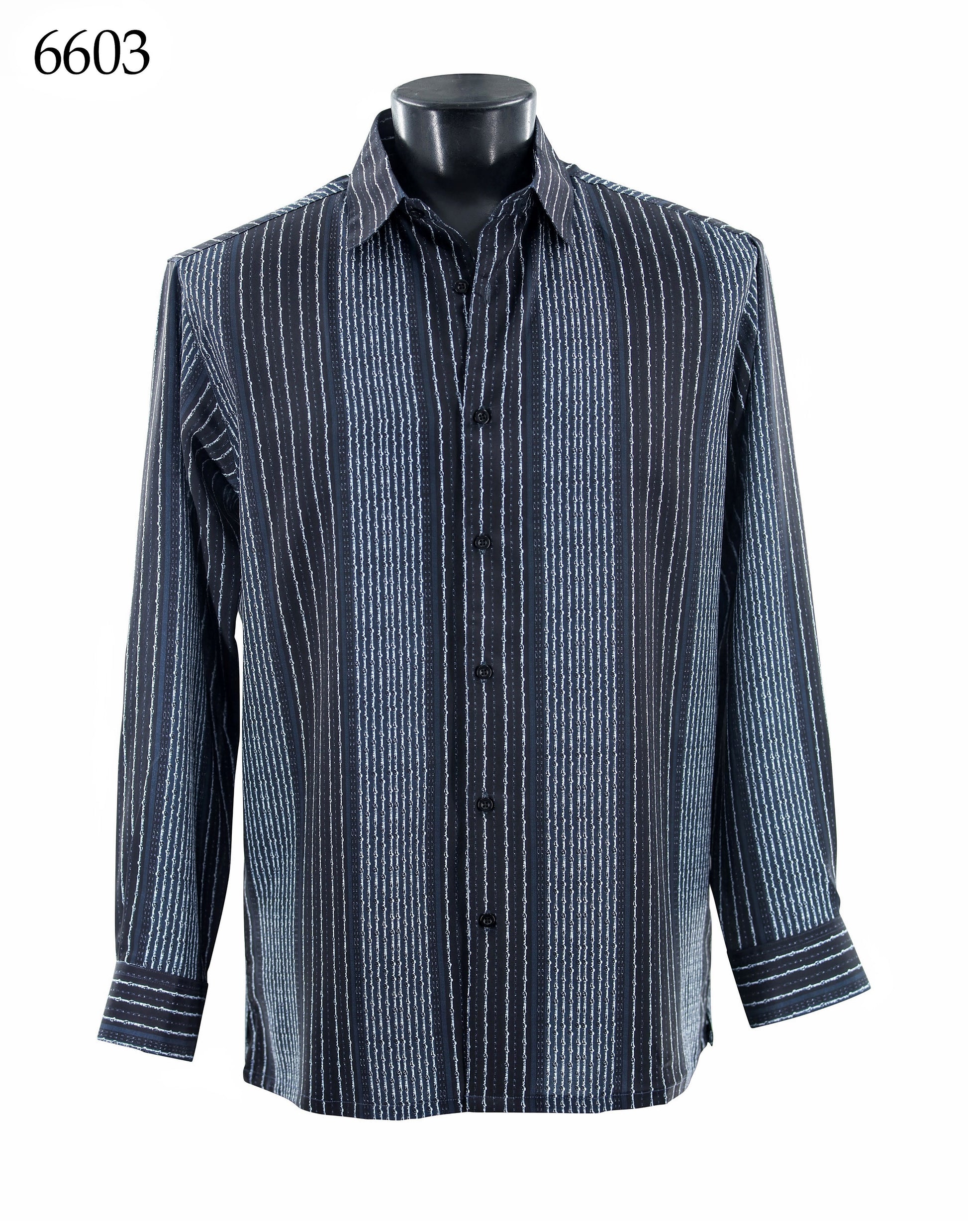 The Bassiri Long Sleeve Shirt 6603 by Bassiri features a regular fit, button-up design with vertical blue and white stripes on a black background, shown on a mannequin. The item number 6603 is displayed in the top left corner.