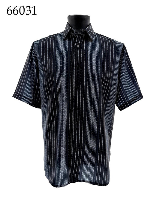 The Bassiri Short Sleeve Shirt 66031 by Bassiri features vertical white and blue pinstripes on black, short sleeves, and a button-up front, shown on a mannequin with the number 66031 in the top left corner.