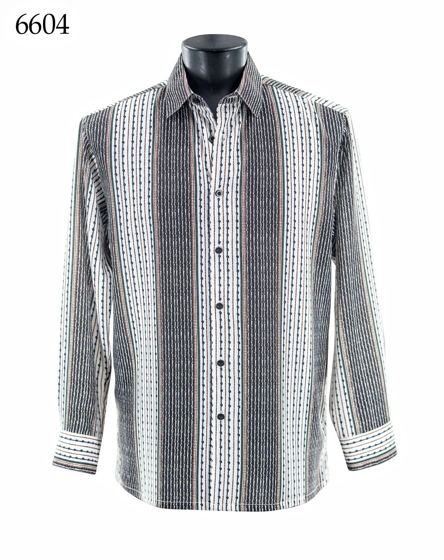 The Bassiri Long Sleeve Shirt 6604, by Bassiri, is a regular fit, button-up with vertical black, white, and gray stripes, shown on a mannequin with "6604" in the top left corner.