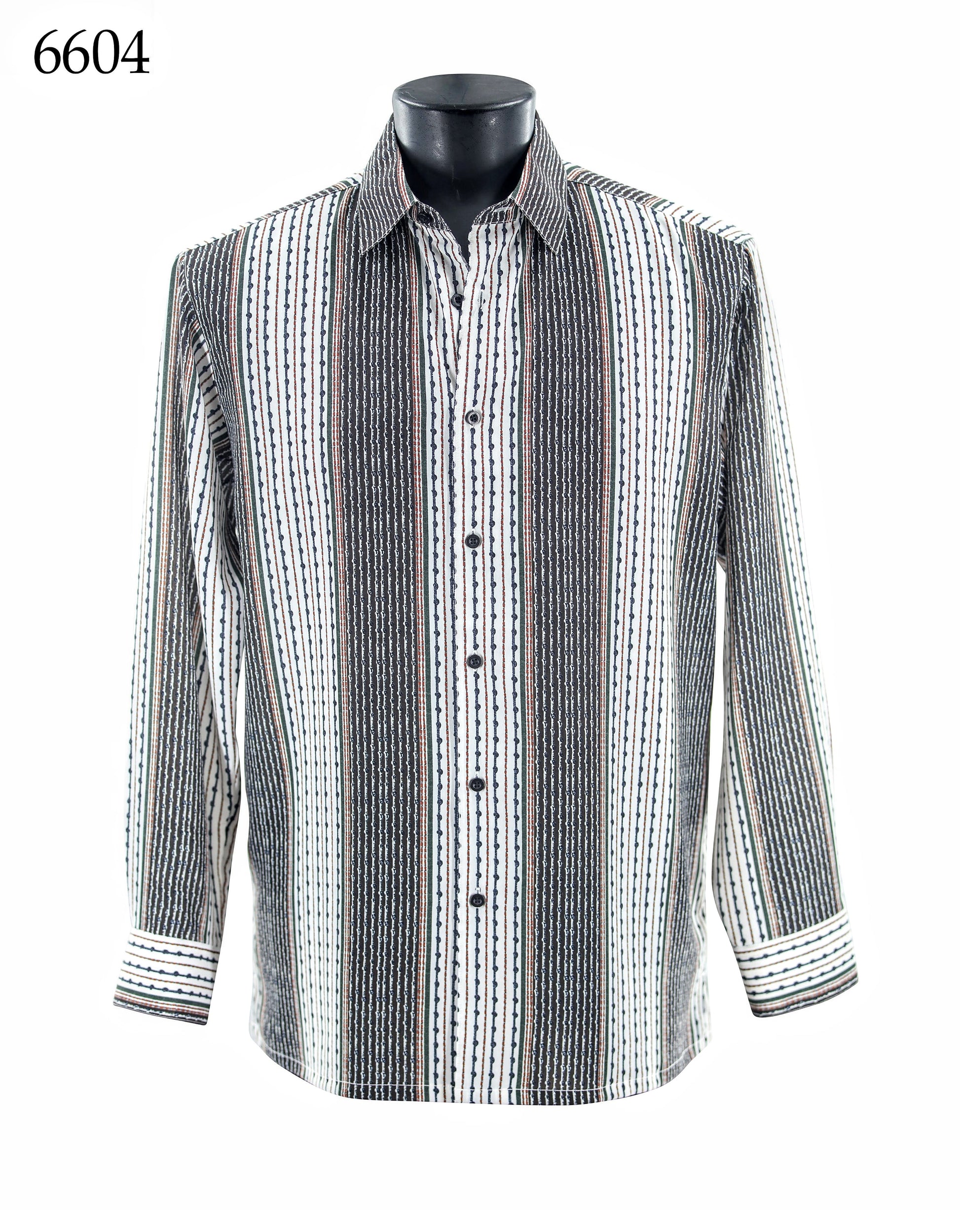The Bassiri Long Sleeve Shirt 6604, by Bassiri, is a regular fit, button-up with vertical black, white, and gray stripes, shown on a mannequin with "6604" in the top left corner.