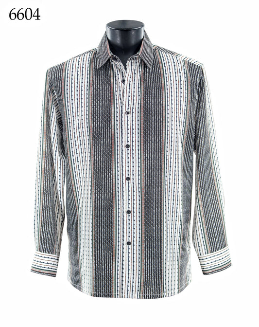 The Bassiri Long Sleeve Shirt 6604, by Bassiri, is a regular fit, button-up with vertical black, white, and gray stripes, shown on a mannequin with "6604" in the top left corner.